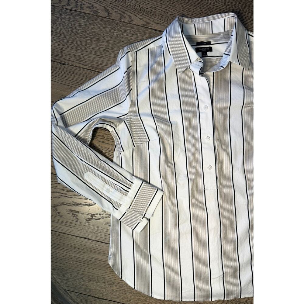 Talbots Womens Top Sz P White Black Tan Non-Iron Popover Shirt Long Sleeve - Picture 6 of 7